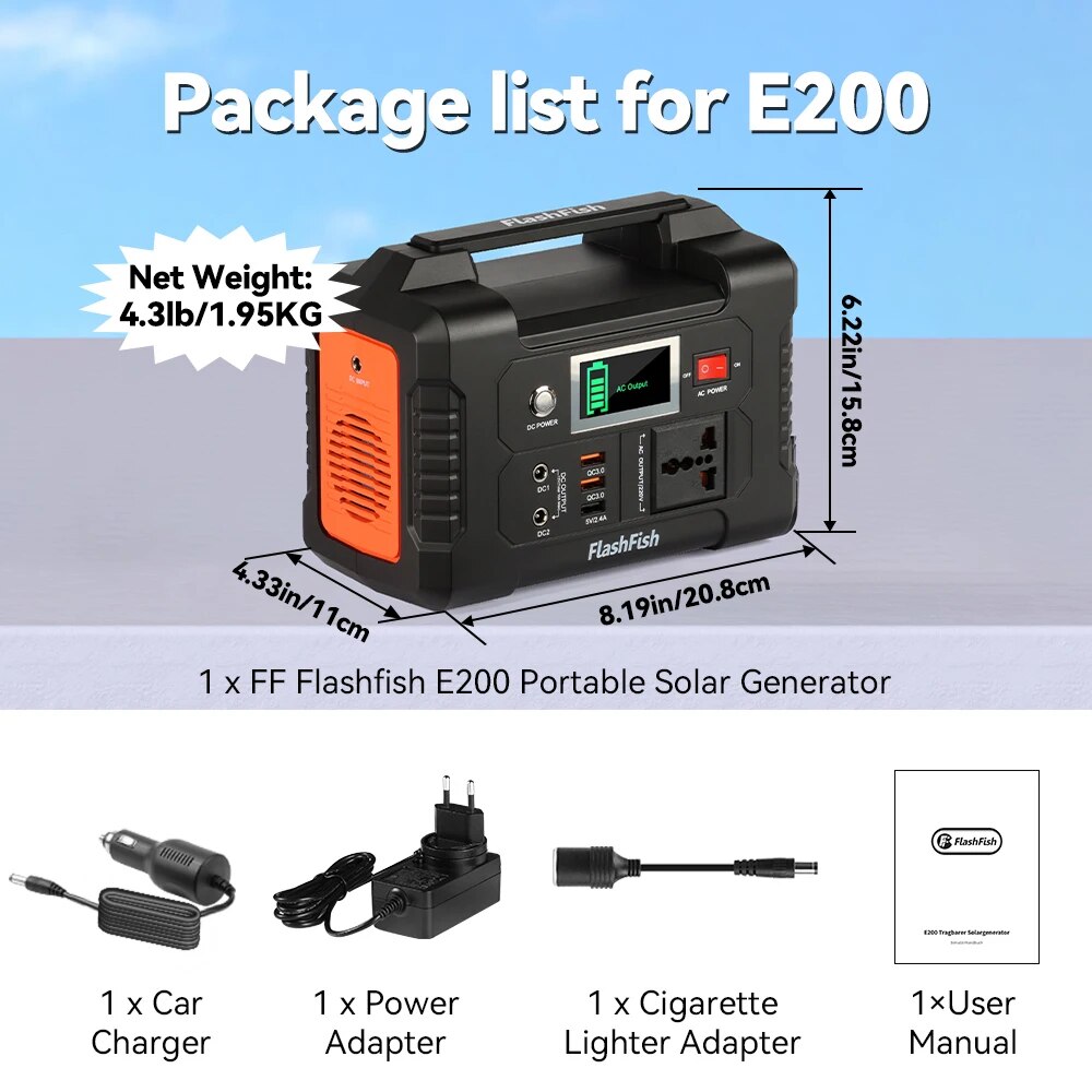 FF Flashfish 110V Portable Power Station Solar Generator AC 200W 151WH Battery Charger Outdoor Emergency Supply Camera Drone