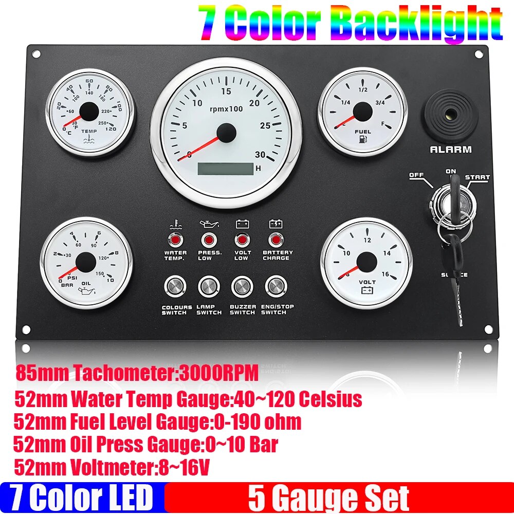 Marine Boat 5 Gauge Set with 7 Color Light 85MM Tachometer+Fuel Level Gauge+Water Temp Meter+Oil Pressure Gauge+Voltmeter 52MM
