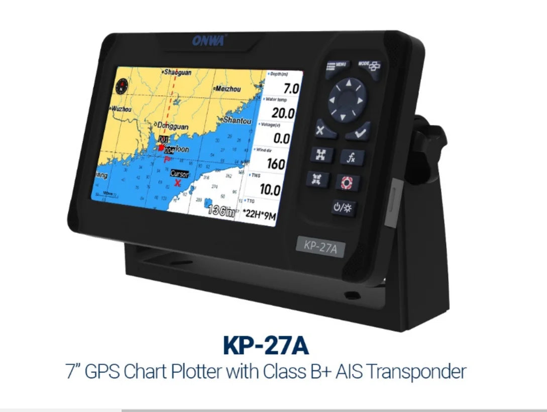 ONWA KP-27A 7-inch Color LCD GPS Chart Plotter with GPS Antenna and Built-in Class B+ AIS Transponder Combo Marine GPS Navigator
