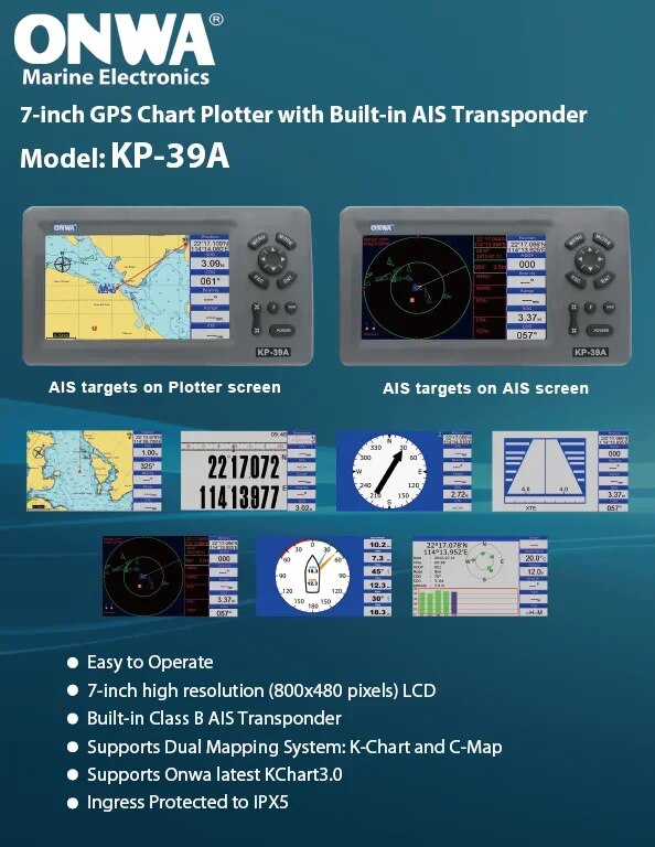 ONWA KP-39A traceur de cartes GPS LCD couleur 7 pouces avec antenne GPS et transpondeur AIS de classe B intégré navigateur GPS marin combiné