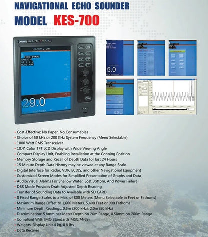 ONWA KES-700 Ecobatímetro de navegação de 10,4 polegadas / localizador de peixes / sonda de profundidade com armazenamento de memória e recuperação de dados de profundidade
