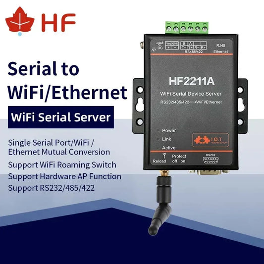 HF2211A Industrial Modbus RS232 RS485 RS422 to WiFi Ethernet Converter D2D Function TCP IP Telnet MQTT 4M Flash Serial Server