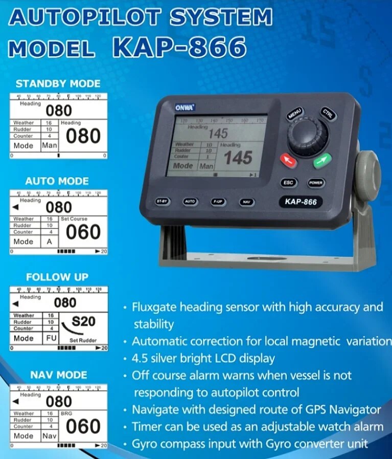 Sistema de piloto automático ONWA KAP-866 Controle remoto Sistema de piloto automático marinho de 4,5 polegadas (piloto automático) com certificado CCS