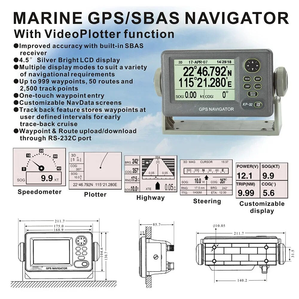 Onwa KP-32 gps/sbas navegação localizador de navegação gps para peças de barco marinho 4.5 polegadas display lcd navegador marinho 
